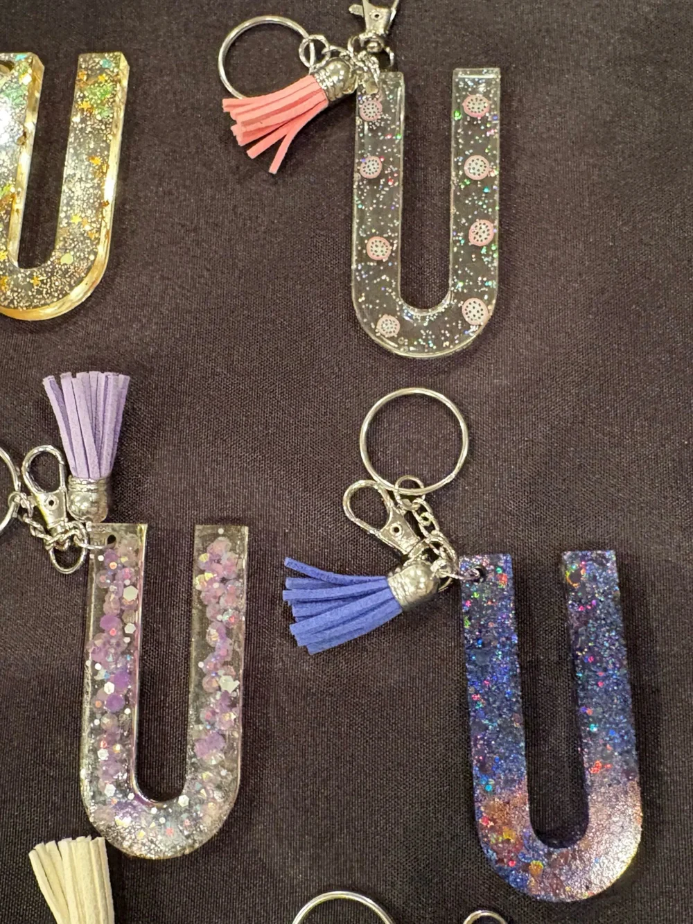Glitter Resin 'U' Keychain with Tassel - Assorted Colors
